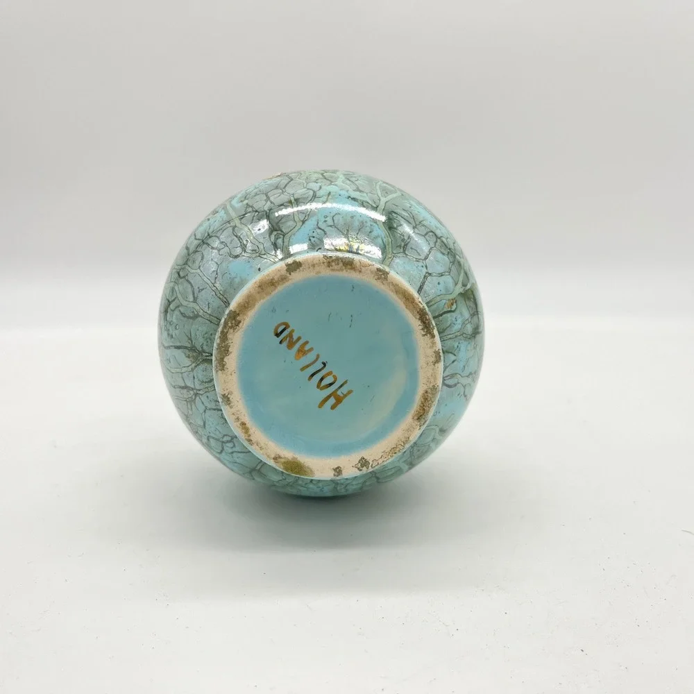Vintage Holland Turquoise Crackle Ceramic and Brass‎ Flared Bud Vase MCM